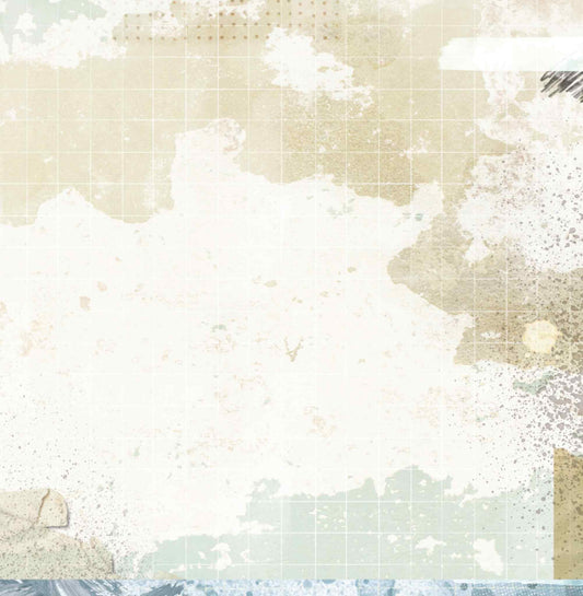 Bee Arty Schoolday Stories Attendance 12x12 scrapbooking paper - reverse side with soft neutral grid and watercolour wash background in cream and sage tones