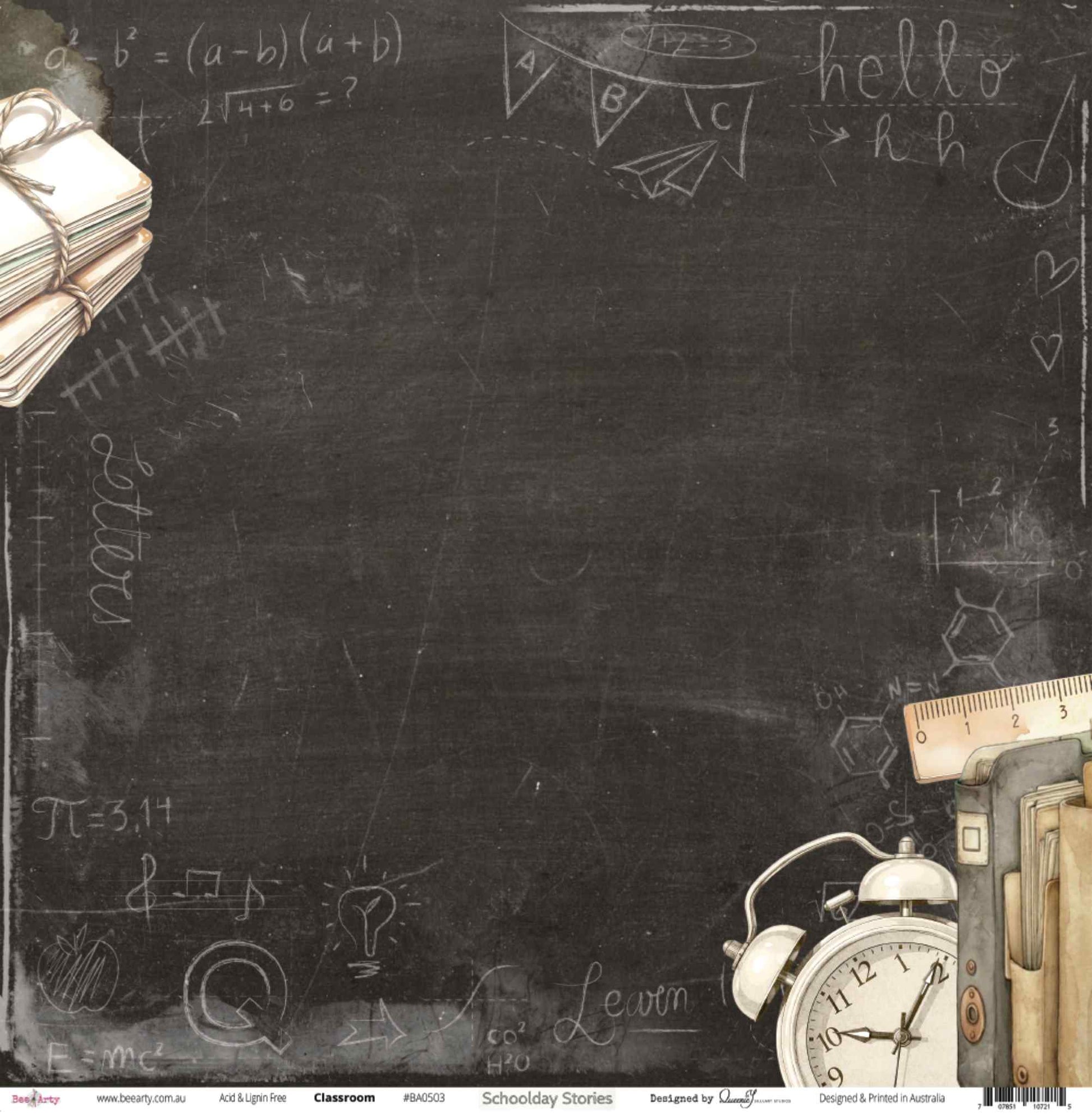 Bee Arty Schoolday Stories Classroom 12x12 scrapbooking paper - flat lay of front side showing dark charcoal chalkboard with chalk-drawn maths equations, music notes, paper plane, bunting, lightbulb, vintage alarm clock, ruler and stacked books corner illustrations
