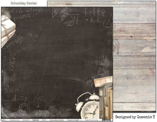 Bee Arty Schoolday Stories Classroom 12x12 scrapbooking paper - front and reverse shown side by side, front featuring dark charcoal chalkboard with chalk-drawn equations, music notes, paper plane and bunting, with twine-tied letters top left and vintage alarm clock, ruler and books bottom right, reverse showing whitewashed timber plank texture
