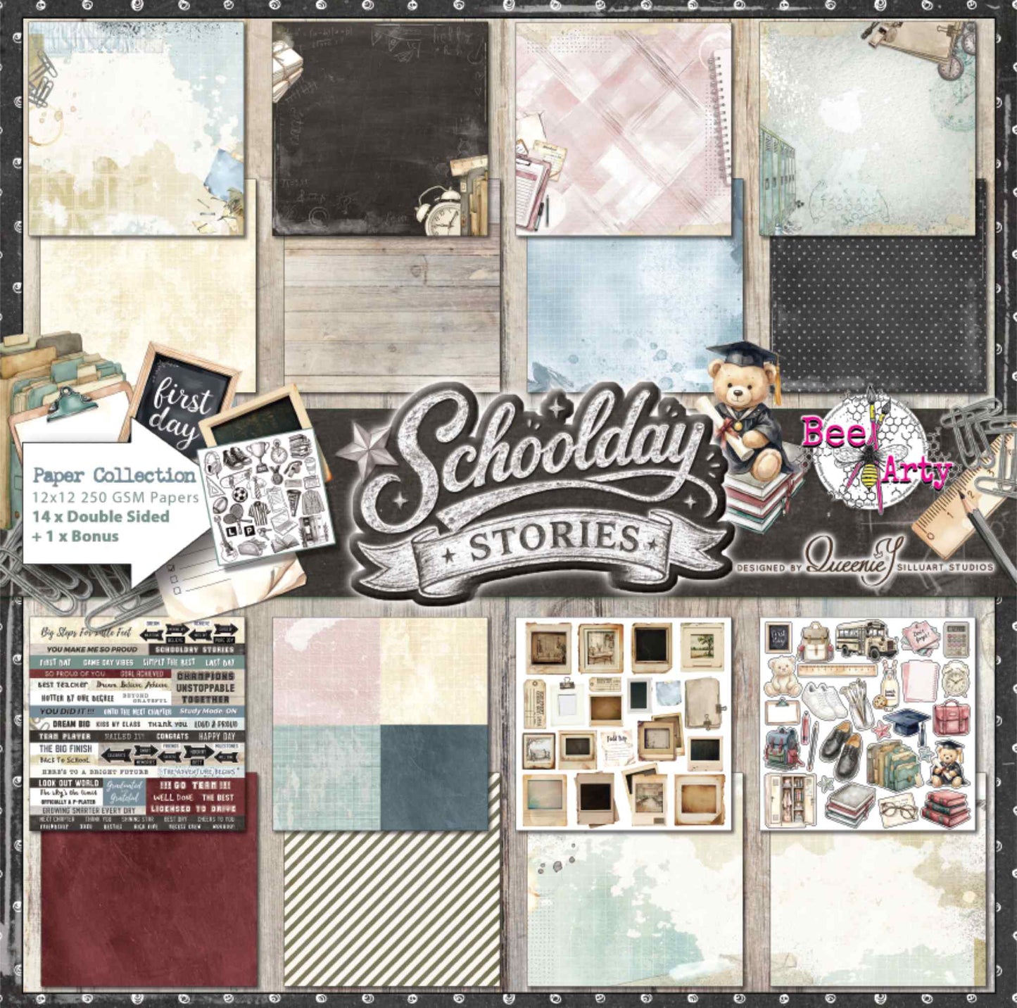 Bee Arty Schoolday Stories 12x12 paper collection pack showing all 14 double-sided papers and bonus Cut and Colour sheet, displayed on a whitewashed timber background with graduation bear mascot, including Workshop, Classroom, Work Desk, Game Plan, Instant Snaps, Attendance, Milestones, Study Break and Cut and Colour designs