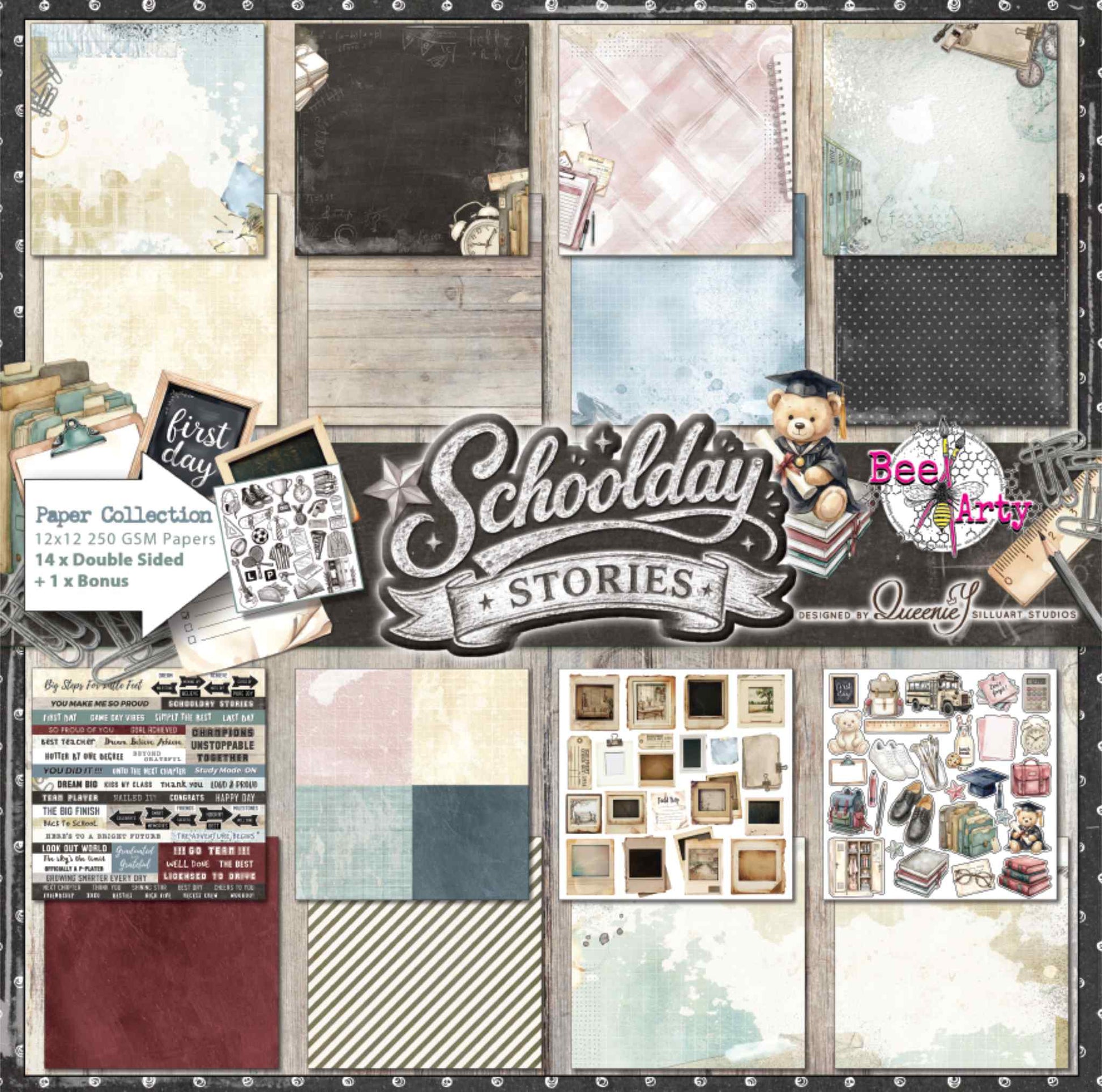 Bee Arty Schoolday Stories 12x12 paper collection pack showing all 14 double-sided papers and bonus Cut and Colour sheet, displayed on a whitewashed timber background with graduation bear mascot, including Workshop, Classroom, Work Desk, Game Plan, Instant Snaps, Attendance, Milestones, Study Break and Cut and Colour designs
