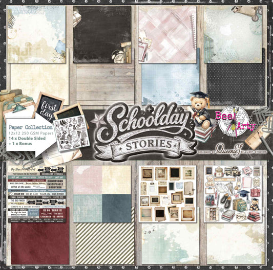 Bee Arty Schoolday Stories 12x12 paper collection pack showing all 14 double-sided papers and bonus Cut and Colour sheet, displayed on a whitewashed timber background with graduation bear mascot, including Workshop, Classroom, Work Desk, Game Plan, Instant Snaps, Attendance, Milestones, Study Break and Cut and Colour designs