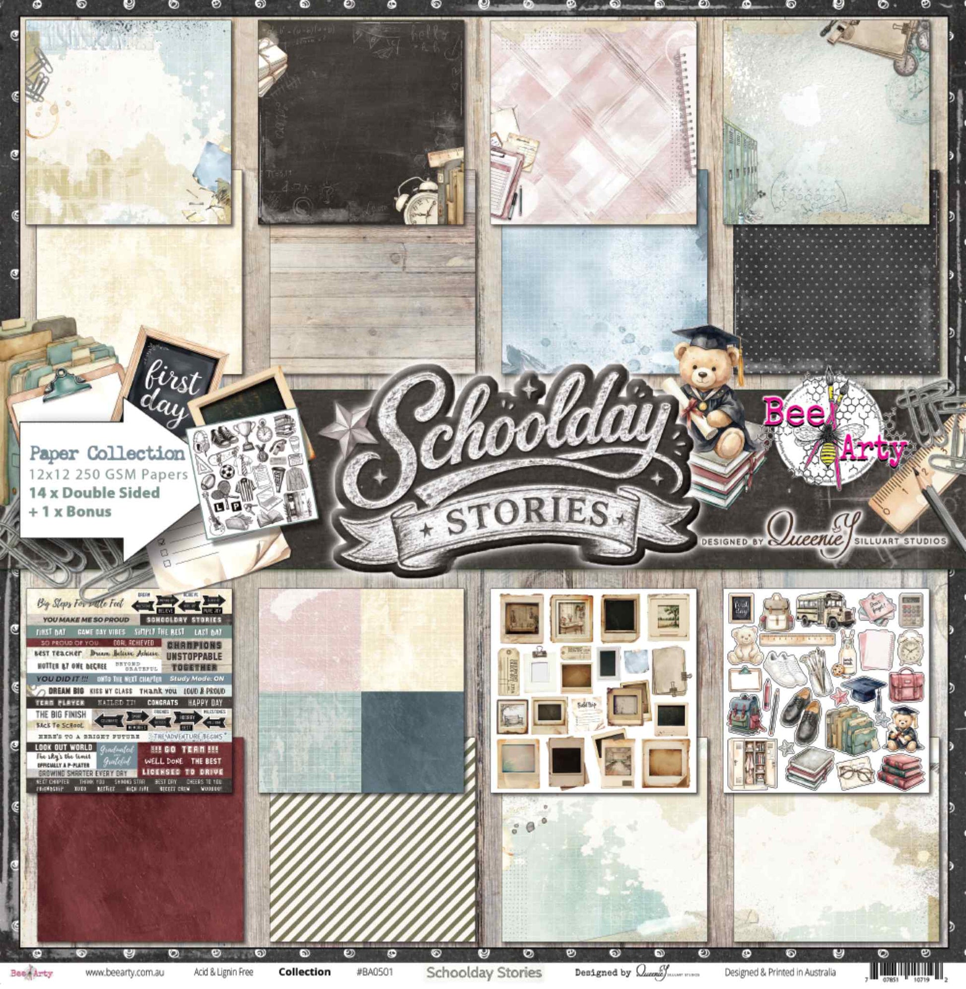 Bee Arty Schoolday Stories paper collection overview showing all 14 double-sided 12x12 papers plus bonus Cut and Colour sheet, displayed on a whitewashed timber background with graduation bear mascot and Schoolday Stories branding