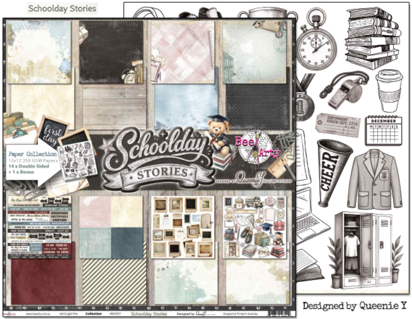 Bee Arty Schoolday Stories Cover Sheet Cut and Colour - front and collection overview shown side by side, featuring black and white school-themed line art illustrations including uniforms, sports equipment, books, locker and school accessories designed for colouring and fussy cutting