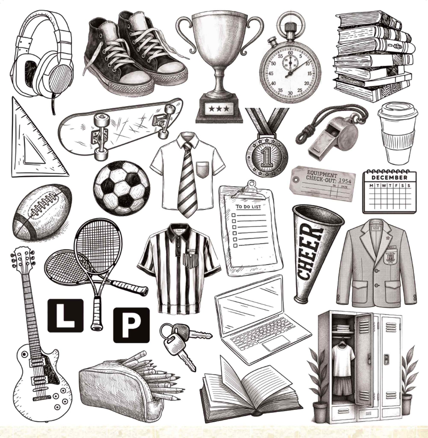 Bee Arty Schoolday Stories Cover Sheet Cut and Colour - 12x12 black and white line art sheet featuring school-themed illustrations including sneakers, trophy, stopwatch, books, headphones, skateboard, soccer ball, football, tennis rackets, guitar, school uniforms, cheer megaphone, clipboard, laptop, pencil case, car keys, L and P plates and school locker
