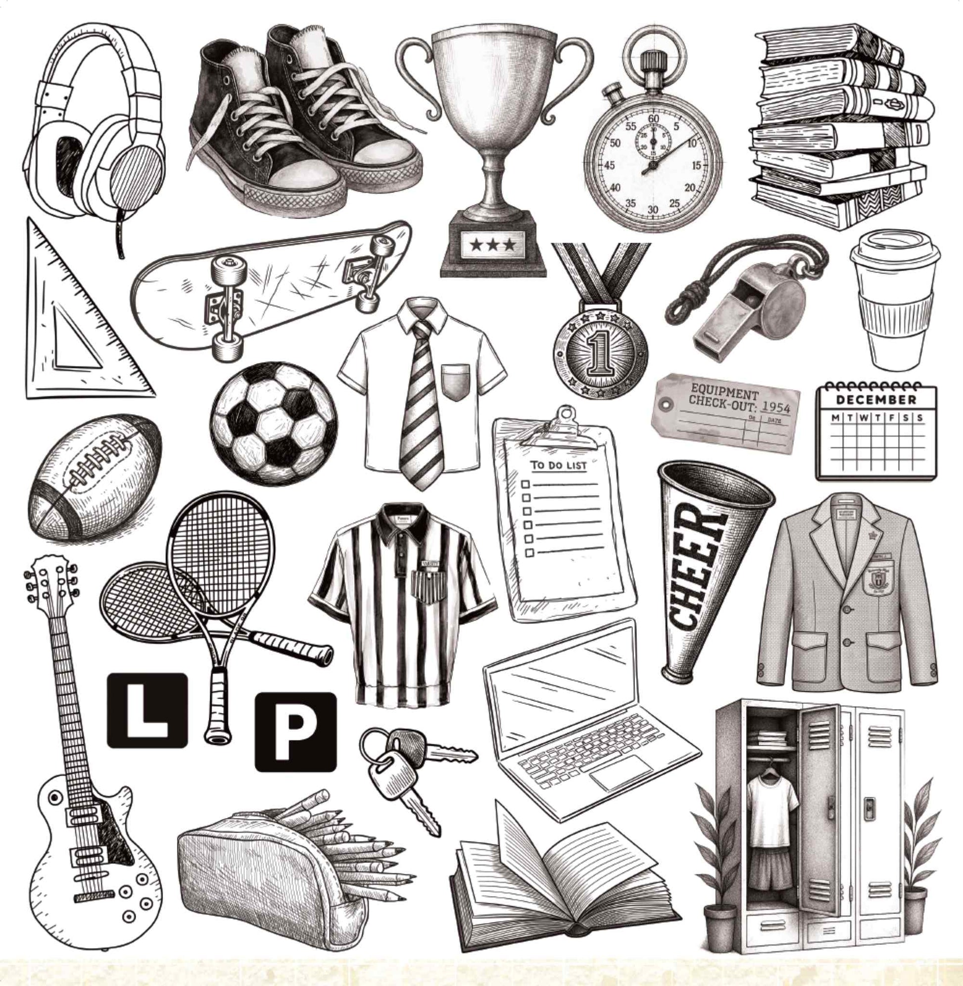 Bee Arty Schoolday Stories Cover Sheet Cut and Colour - 12x12 black and white line art sheet featuring school-themed illustrations including sneakers, trophy, stopwatch, books, headphones, skateboard, soccer ball, football, tennis rackets, guitar, school uniforms, cheer megaphone, clipboard, laptop, pencil case, car keys, L and P plates and school locker