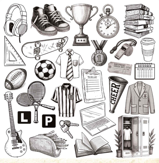 Bee Arty Schoolday Stories Cover Sheet Cut and Colour - 12x12 black and white line art sheet featuring school-themed illustrations including sneakers, trophy, stopwatch, books, headphones, skateboard, soccer ball, football, tennis rackets, guitar, school uniforms, cheer megaphone, clipboard, laptop, pencil case, car keys, L and P plates and school locker