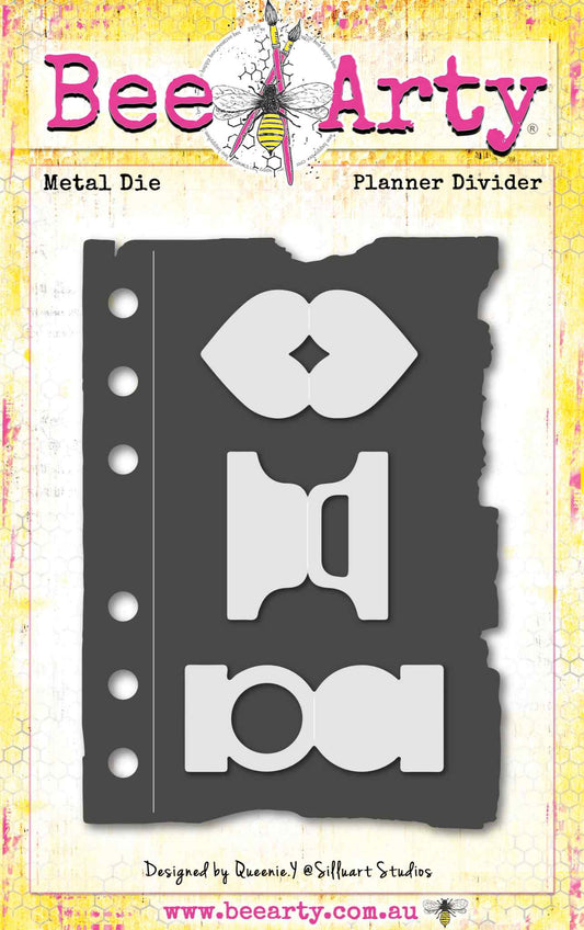 Bee Arty Planner Divider Die Set designed by Queenie Y, featuring a large planner page die approx 10x14cm with deckled torn edges and ring binder holes, plus three fold-over tab dies in heart, traditional divider and round shapes