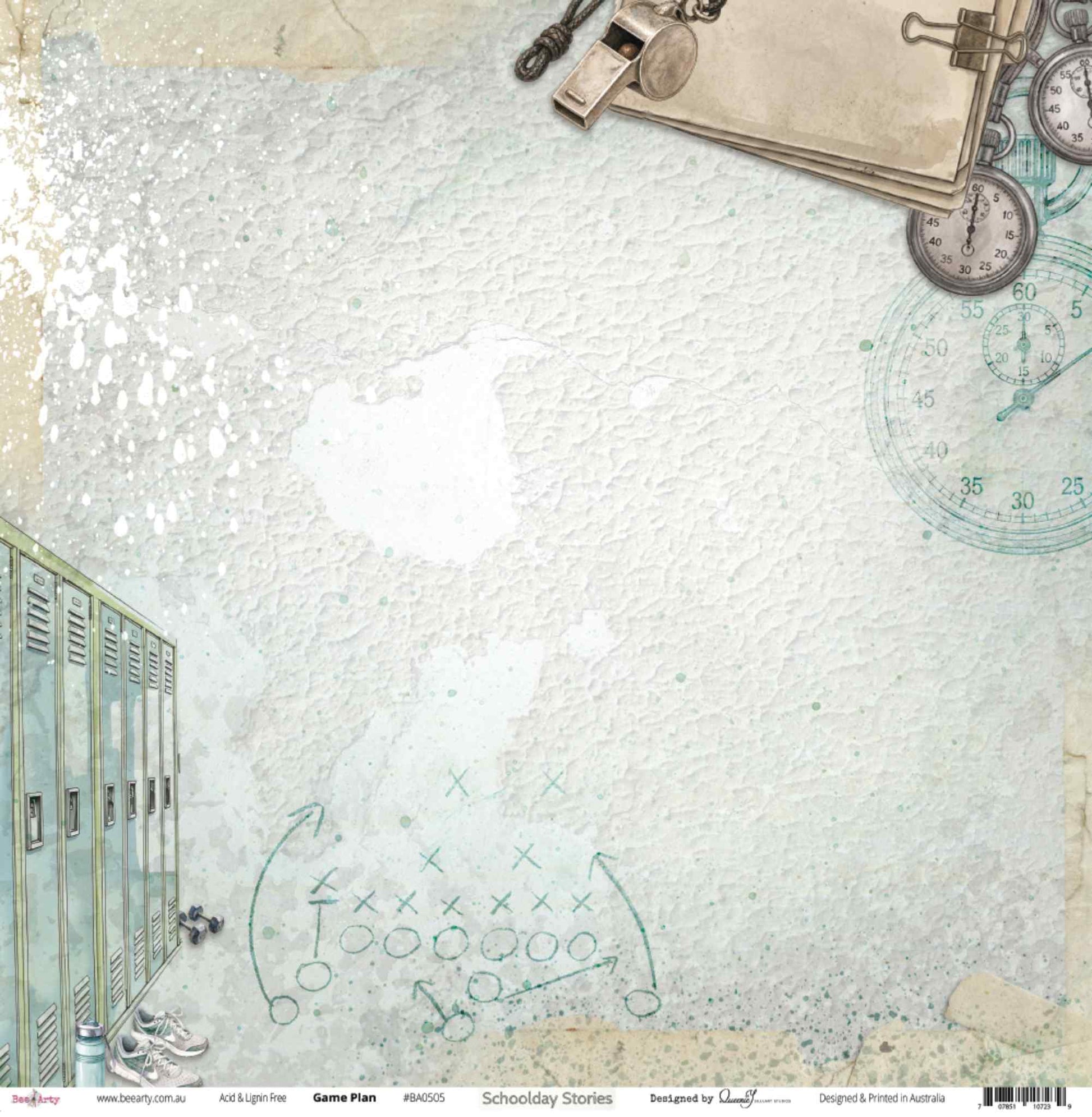 Bee Arty Schoolday Stories Game Plan 12x12 scrapbooking paper - flat lay of front side showing soft pearlescent aqua watercolour background with school locker room, coach's whistle, clipboard, stopwatches and faint play diagram
