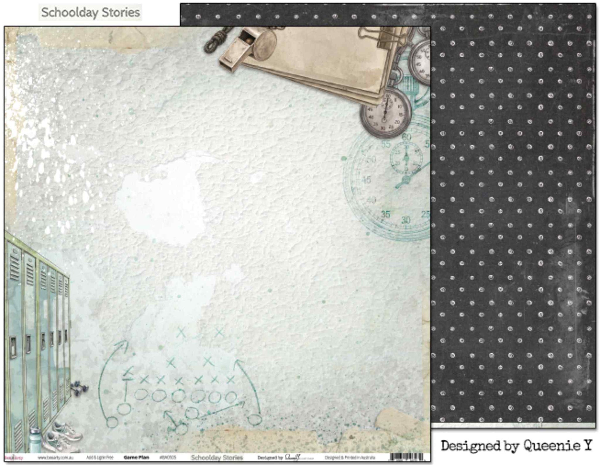 Bee Arty Schoolday Stories Game Plan 12x12 scrapbooking paper - front and reverse shown side by side, front featuring soft pearlescent aqua watercolour background with locker room, whistle, clipboard and stopwatch corner illustrations and faint play diagram, reverse showing dark charcoal with white polka dots