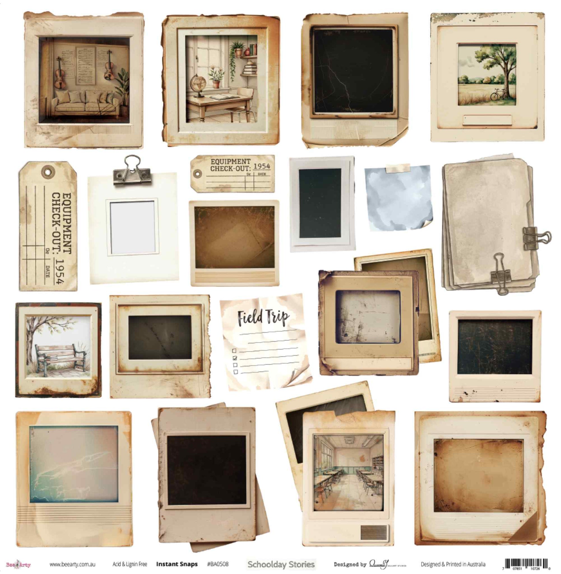 Bee Arty Schoolday Stories Instant Snaps 12x12 scrapbooking paper - flat lay of full sheet showing vintage-style photo frames, polaroids, slide mounts and school ephemera illustrations designed for fussy cutting on white background