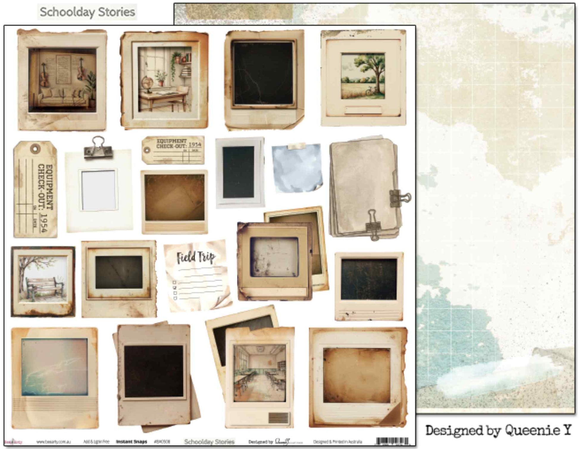 Bee Arty Schoolday Stories Instant Snaps 12x12 scrapbooking paper - front side featuring vintage-style photo frames, polaroids, slide mounts, field trip checklist and school ephemera illustrations designed for fussy cutting, shown alongside the reverse side