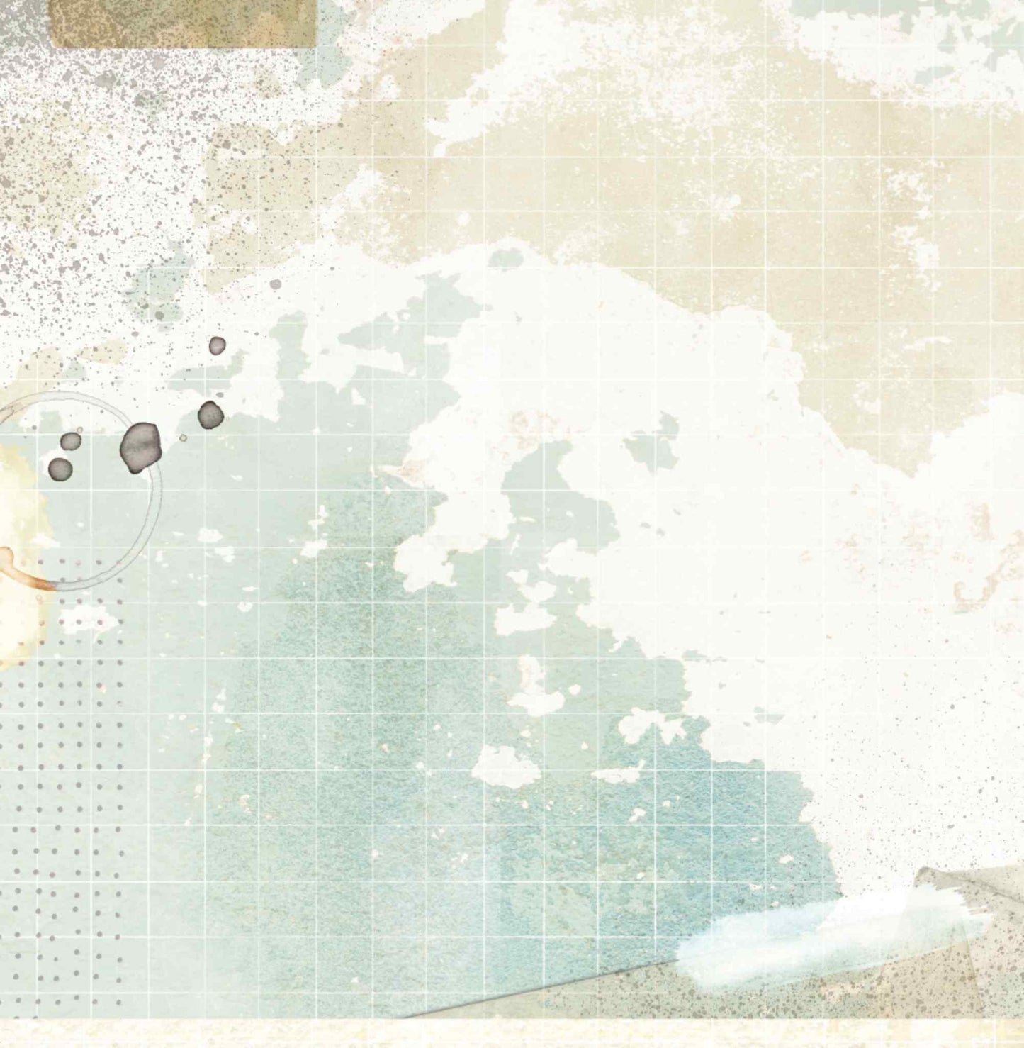 Bee Arty Schoolday Stories Instant Snaps 12x12 scrapbooking paper - reverse side with layered watercolour wash background in sage, cream and dusty blue with subtle grid overlay