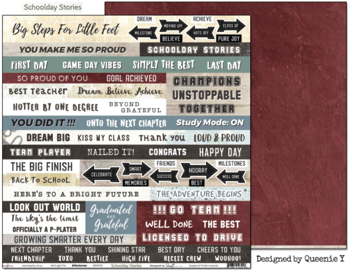 Bee Arty Schoolday Stories Milestones 12x12 scrapbooking paper - front and reverse shown side by side, front featuring rows of school-themed words and phrases in mixed fonts designed for fussy cutting, reverse showing deep burgundy with distressed texture