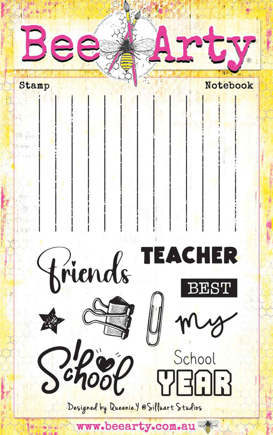 Bee Arty Notebook clear stamp set designed by Queenie Y, featuring a ruled lines stamp approx 7x10cm and individual stamps including star, binder clip, paper clip and sentiments friends, Teacher, Best, my, School and School Year on an approx 11x16cm sheet