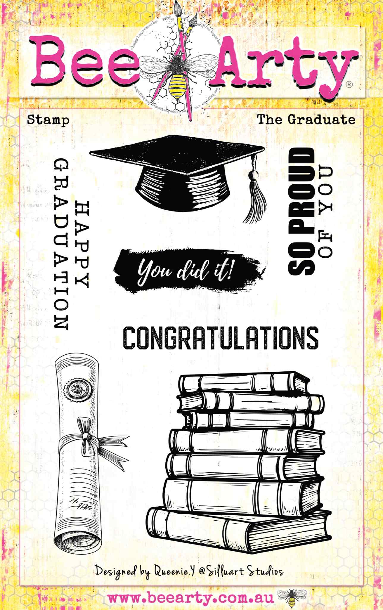 Bee Arty The Graduate clear stamp set designed by Queenie Y, featuring mortarboard hat, diploma scroll, stack of books and sentiments including Happy Graduation, You did it, So Proud of You and Congratulations on an approx 11x16cm sheet