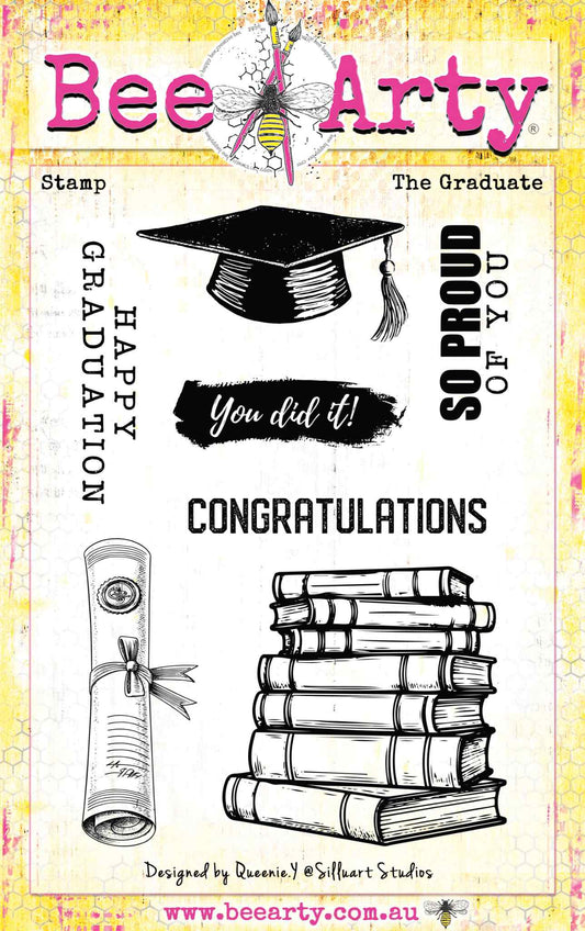 Bee Arty The Graduate clear stamp set designed by Queenie Y, featuring mortarboard hat, diploma scroll, stack of books and sentiments including Happy Graduation, You did it, So Proud of You and Congratulations on an approx 11x16cm sheet