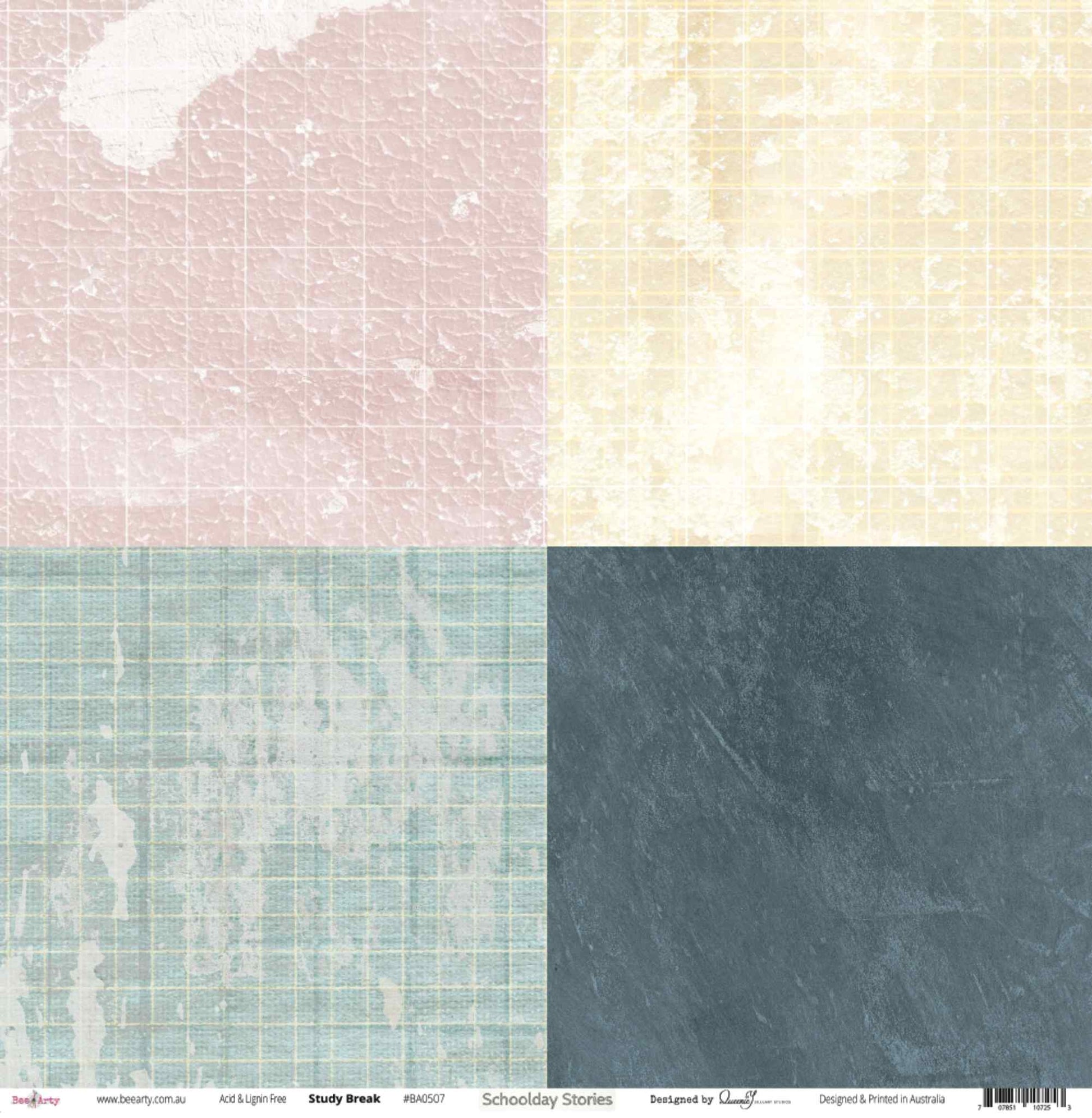 Bee Arty Schoolday Stories Study Break 12x12 scrapbooking paper - flat lay of front side showing four colour-blocked quadrants in dusty pink, warm cream, soft sage and deep slate with distressed grid texture