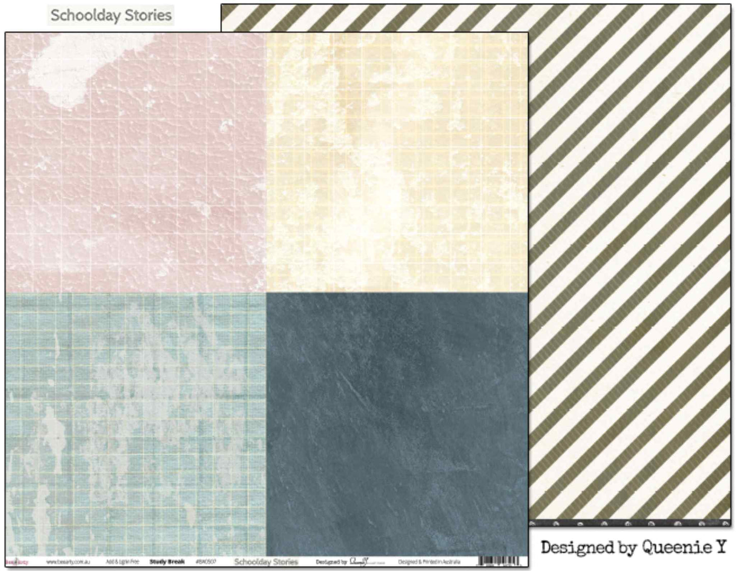 Bee Arty Schoolday Stories Study Break 12x12 scrapbooking paper - front and reverse shown side by side, front featuring four colour-blocked quadrants in dusty pink, warm cream, soft sage and deep slate with distressed grid texture, reverse showing diagonal stripe in olive and white