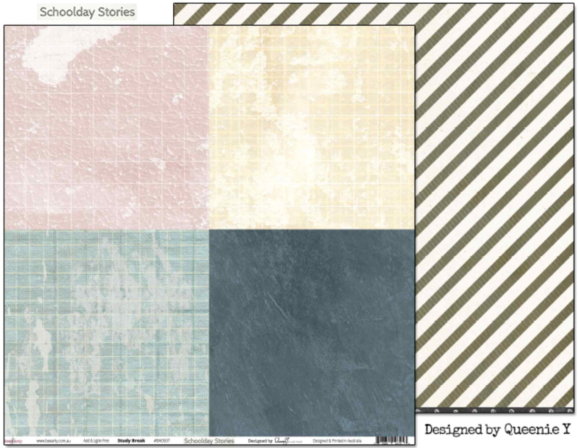 Bee Arty Schoolday Stories Study Break 12x12 scrapbooking paper - front and reverse shown side by side, front featuring four colour-blocked quadrants in dusty pink, warm cream, soft sage and deep slate with distressed grid texture, reverse showing diagonal stripe in olive and white