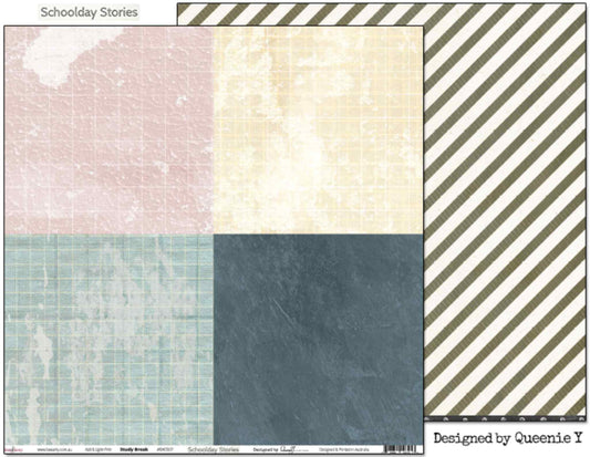 Bee Arty Schoolday Stories Study Break 12x12 scrapbooking paper - front and reverse shown side by side, front featuring four colour-blocked quadrants in dusty pink, warm cream, soft sage and deep slate with distressed grid texture, reverse showing diagonal stripe in olive and white