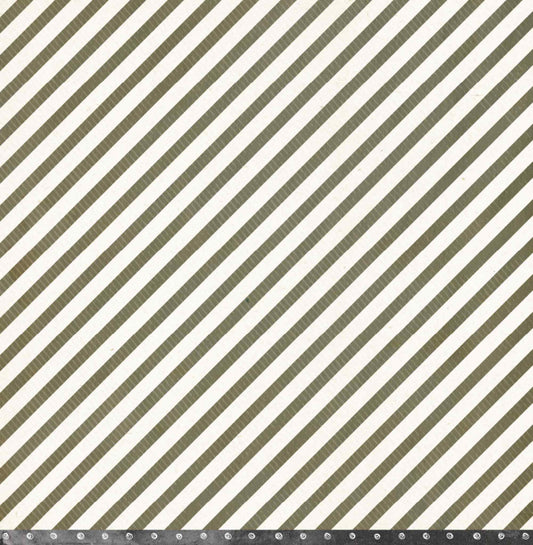 Bee Arty Schoolday Stories Study Break 12x12 scrapbooking paper - reverse side showing classic diagonal stripe pattern in olive and white