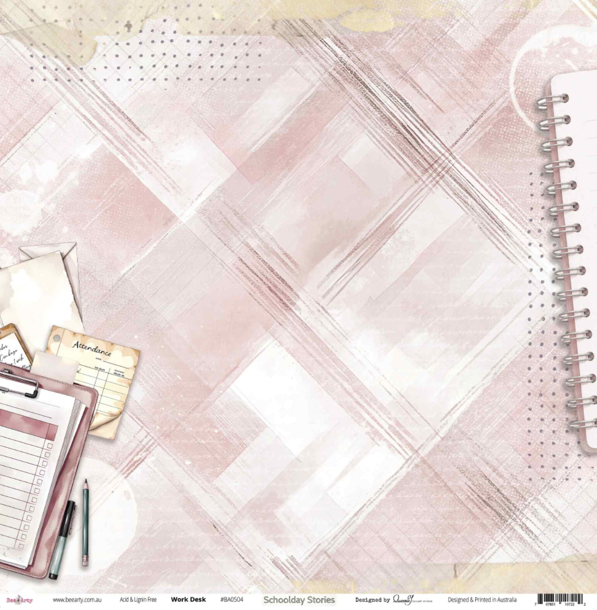 Bee Arty Schoolday Stories Work Desk 12x12 scrapbooking paper - flat lay of front side showing soft blush plaid background with teacher's clipboard, attendance sheet, handwritten envelope, pencil, pen and spiral notebook corner illustration