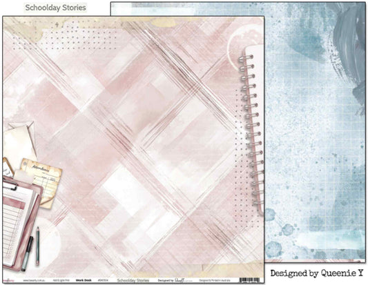 Bee Arty Schoolday Stories Work Desk 12x12 scrapbooking paper - front and reverse shown side by side, front featuring soft blush plaid background with teacher clipboard, attendance sheet, envelope, pencil, pen and spiral notebook corner illustration, reverse showing soft blue-grey grid with watercolour brushstroke edges and ink splatter