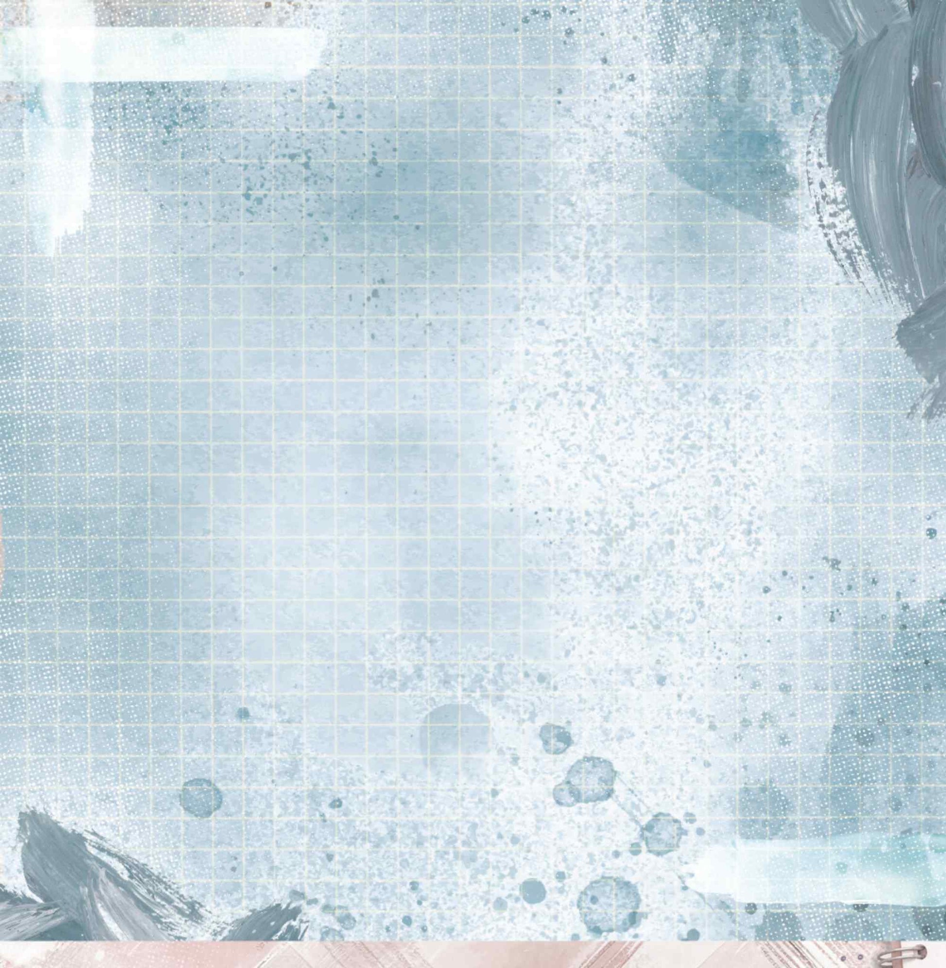 Bee Arty Schoolday Stories Work Desk 12x12 scrapbooking paper - reverse side showing soft blue-grey grid background with watercolour brushstroke edges and ink splatter texture