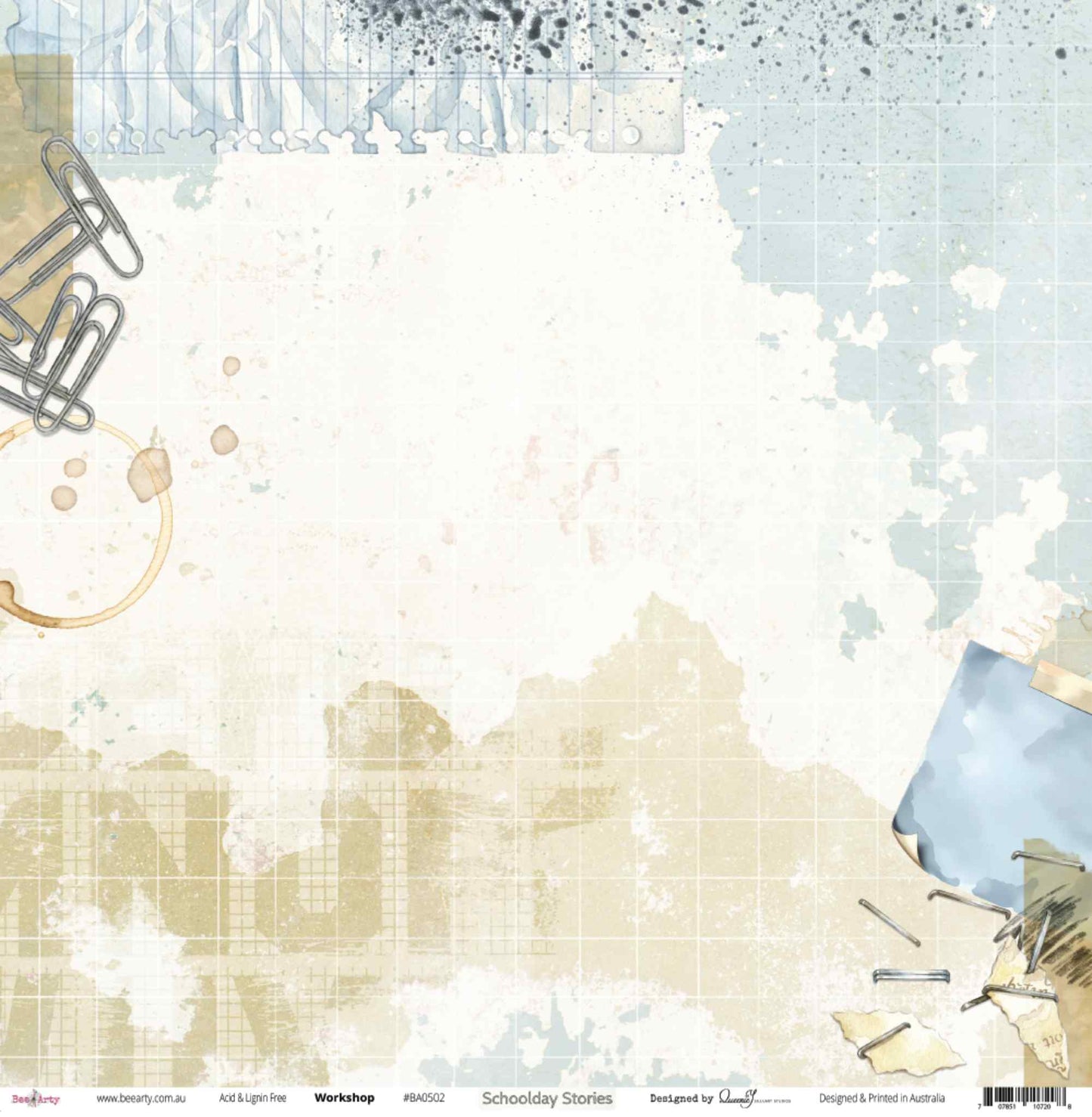 Bee Arty Schoolday Stories Workshop 12x12 scrapbooking paper - flat lay of front side showing layered watercolour washes in cream, tan and dusty blue with silver paper clips, coffee ring stain, torn blue folder, scattered staples and crumpled notes corner illustrations