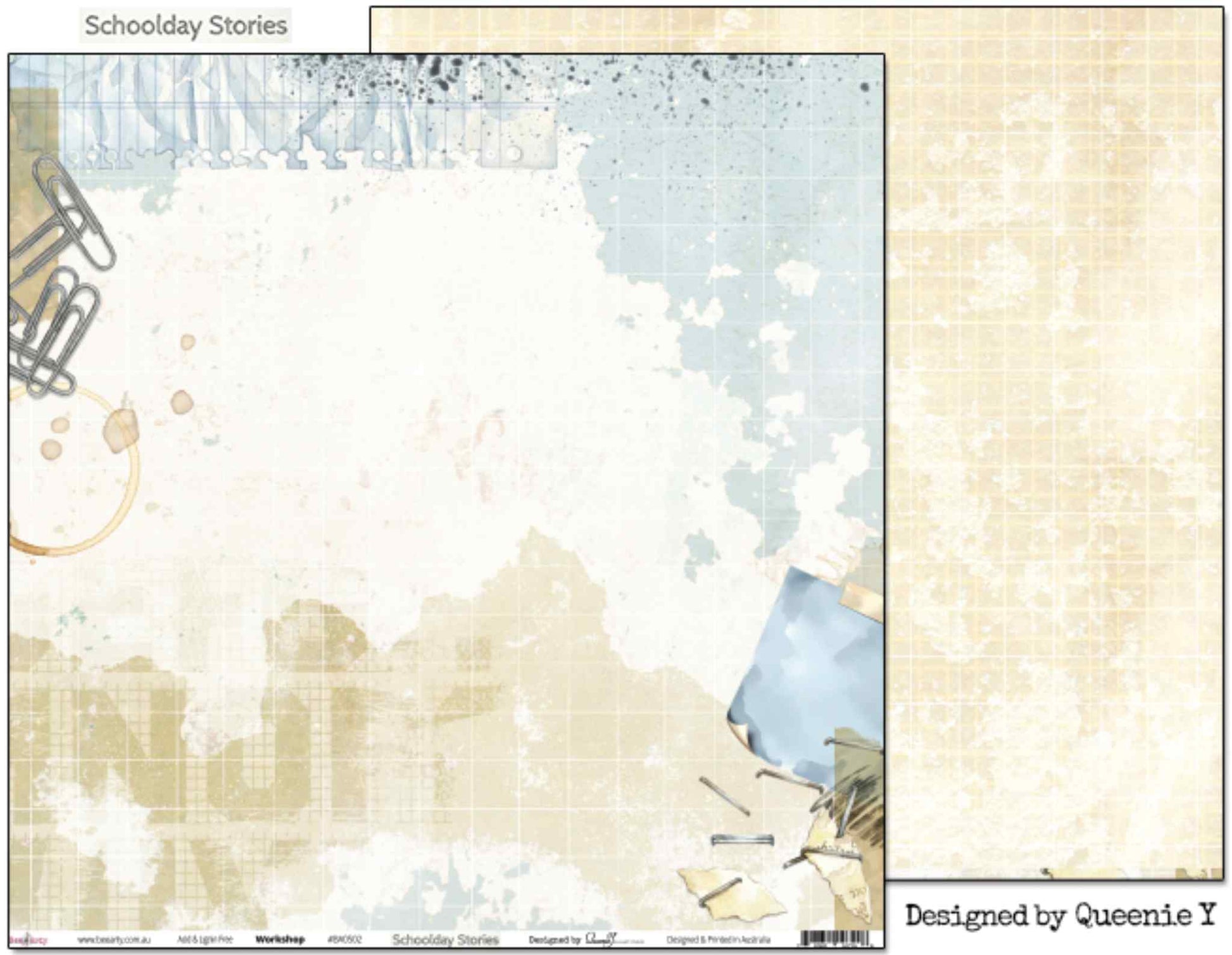 Bee Arty Schoolday Stories Workshop 12x12 scrapbooking paper - front and reverse shown side by side, front featuring layered watercolour washes in cream, tan and dusty blue with paper clips and coffee ring stain top left and torn blue folder with scattered staples and crumpled notes bottom right, reverse showing aged parchment grid in warm cream