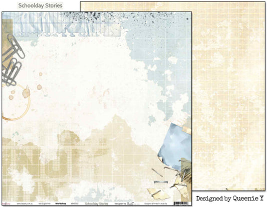 Bee Arty Schoolday Stories Workshop 12x12 scrapbooking paper - front and reverse shown side by side, front featuring layered watercolour washes in cream, tan and dusty blue with paper clips and coffee ring stain top left and torn blue folder with scattered staples and crumpled notes bottom right, reverse showing aged parchment grid in warm cream
