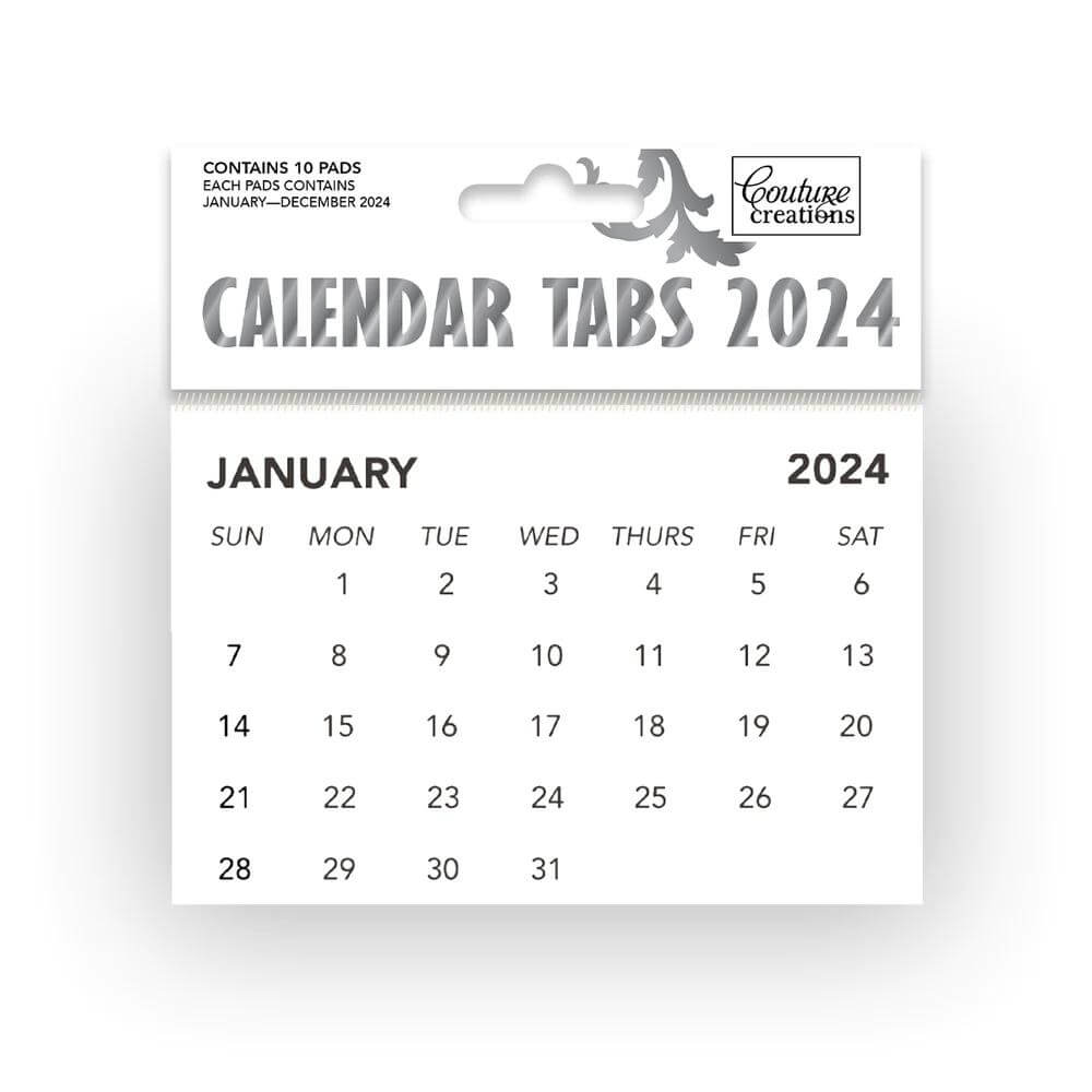 Couture Creations 2024 calendar tabs showing January month with full calendar grid, 10 pads included for scrapbooking and planners