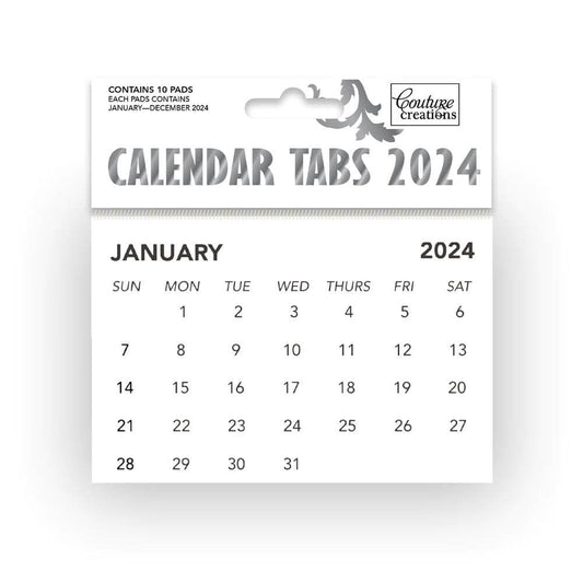 Couture Creations 2024 calendar tabs showing January month with full calendar grid, 10 pads included for scrapbooking and planners