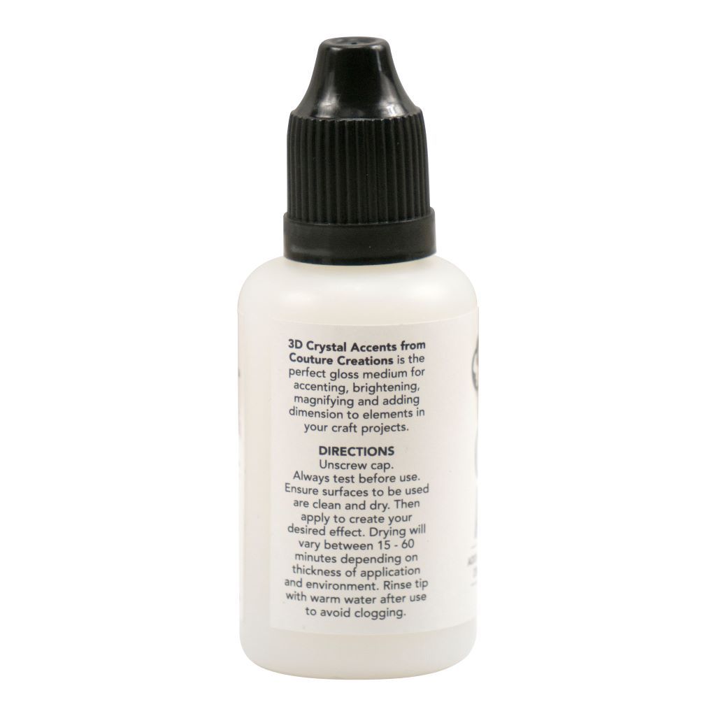 White bottle with black cap on a white background with directions on how to use 3D Crystal Accents. 