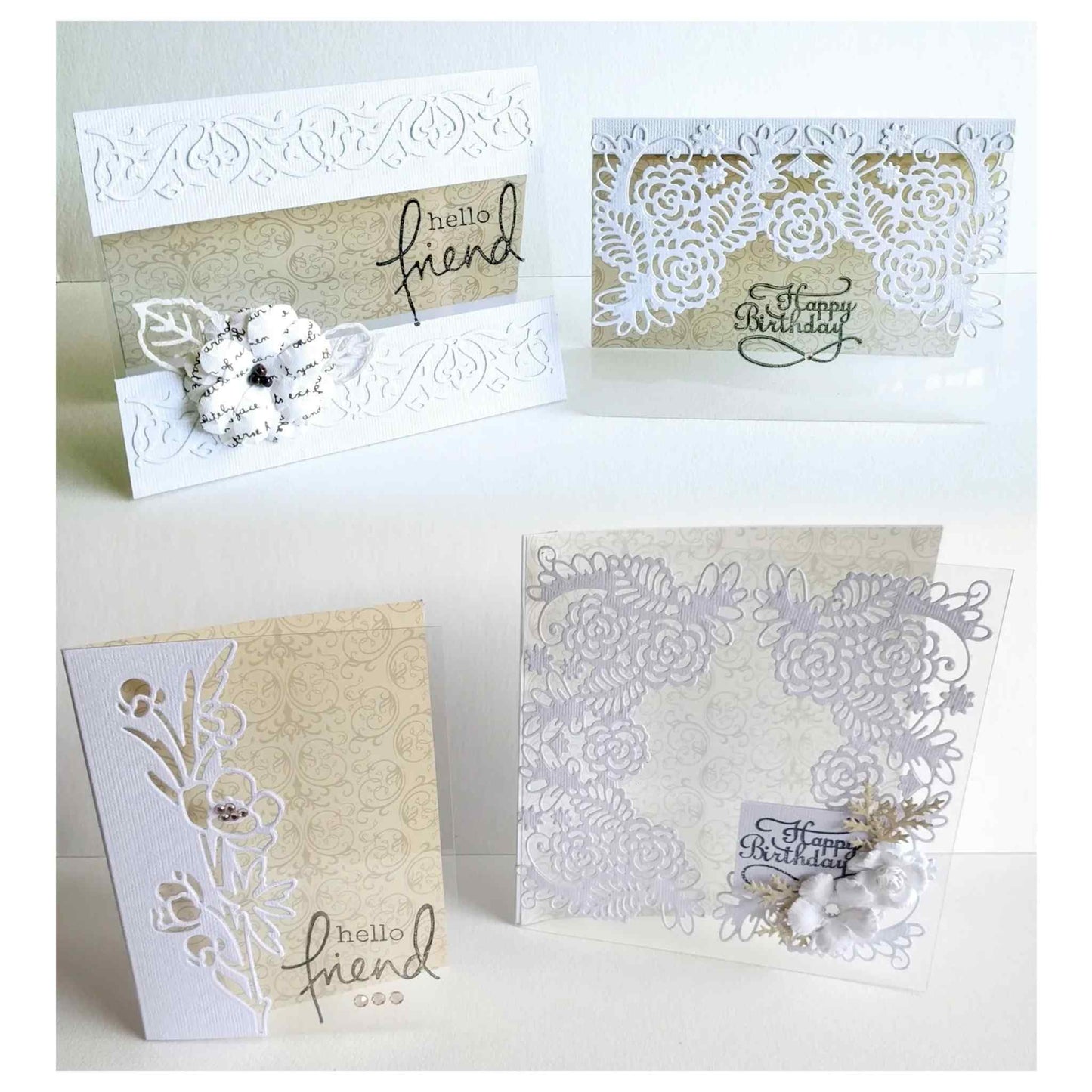 Handmade cards using Couture Creations acetate sheets with die-cut and embossed details 