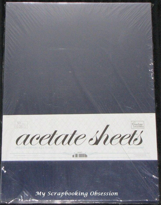 Packaged acetate sheets with branding on a dark background