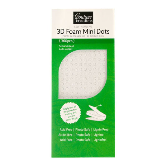 Packaging of 3D foam mini dots with green border and white background