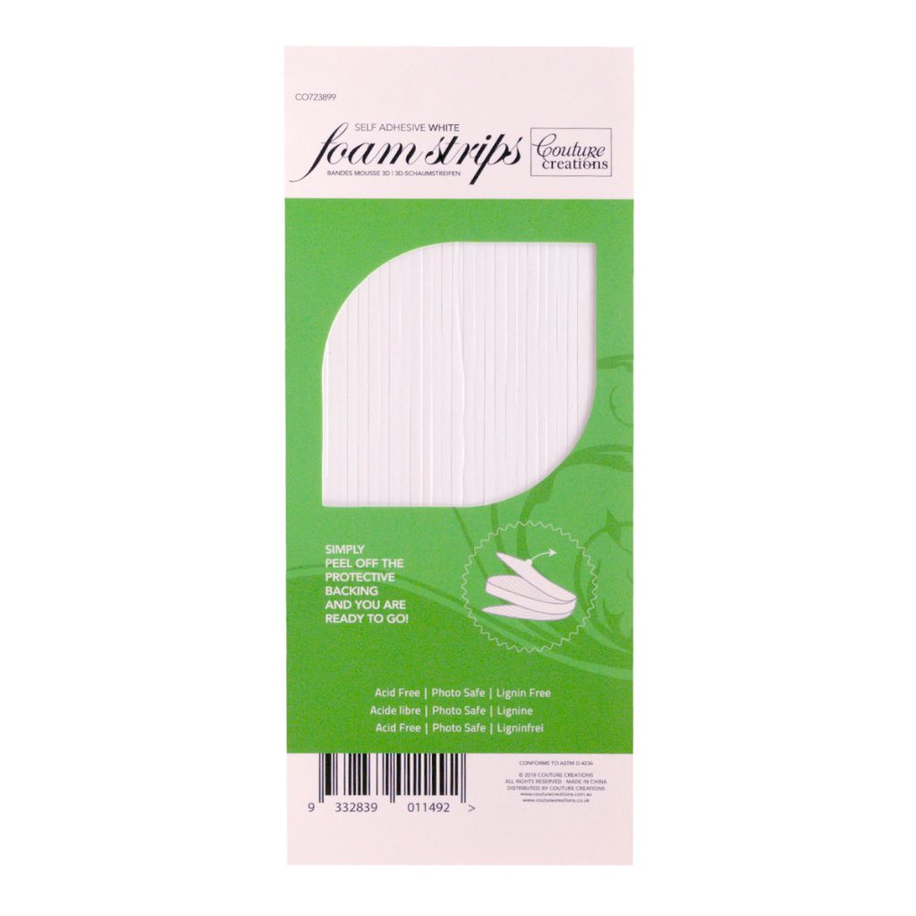 Package of white adhesive foam strips with green and white design on a white background