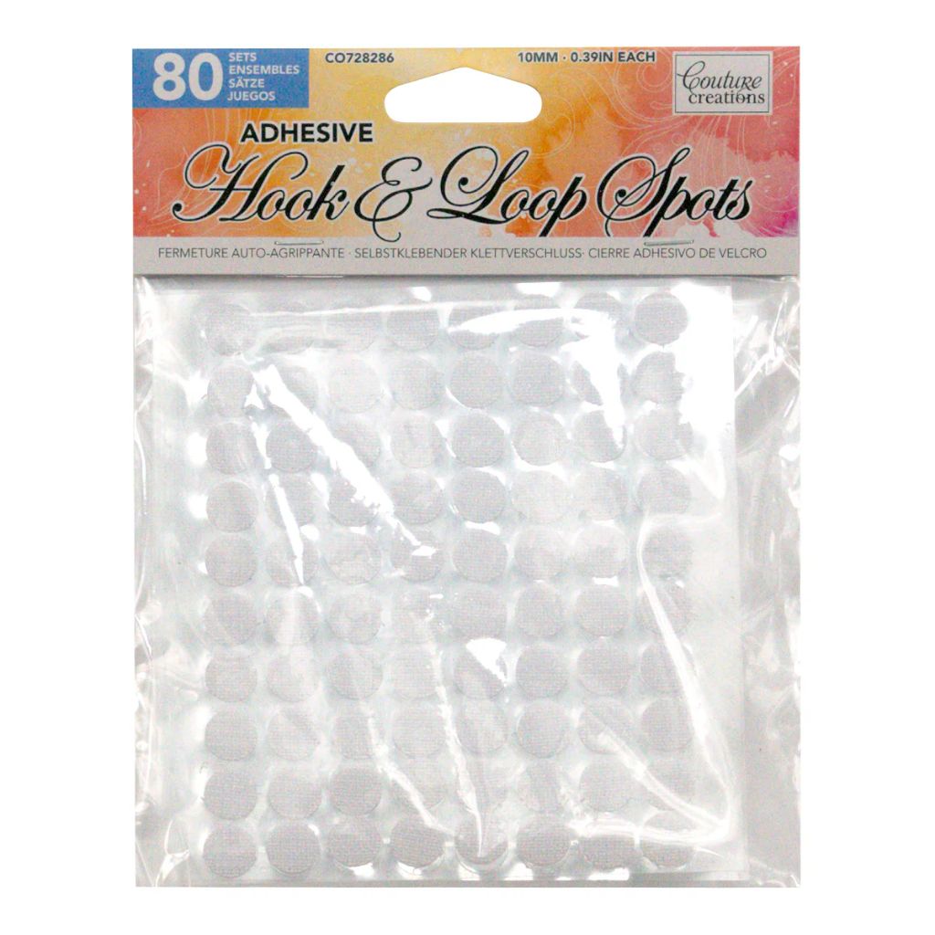 Pack of adhesive hook and loop spots with visible brand name on packaging.
