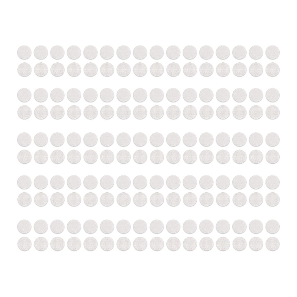 Grid of white circular hook and loop spots on a white background