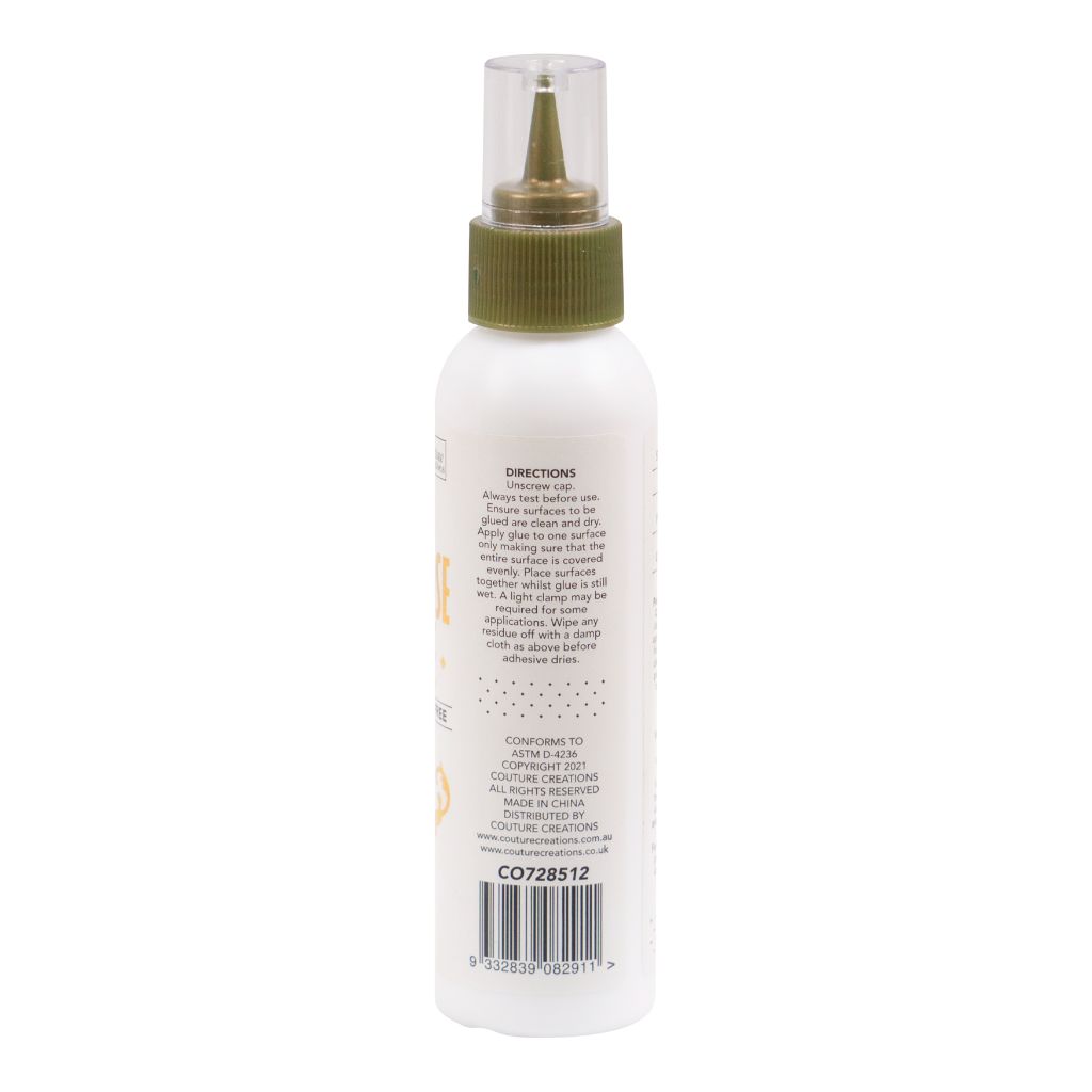White 120ml bottle of All Purpose Art Glue with gold cap showing the directions for use. 