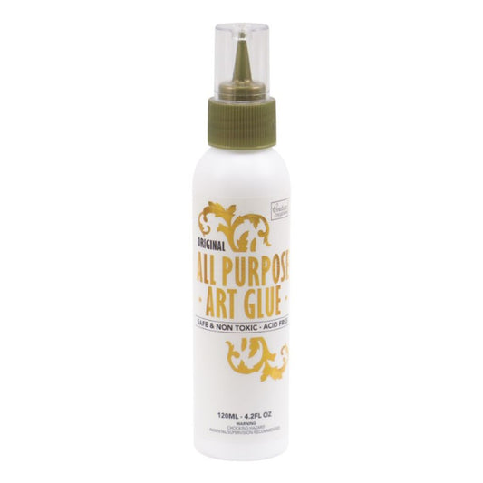 Bottle of 120ml all-purpose art glue with gold text and design on a white background