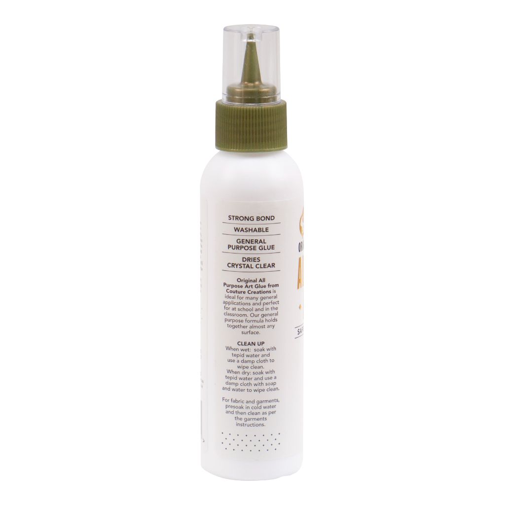 White 120ml bottle of All Purpose Art Glue with gold cap on a white background