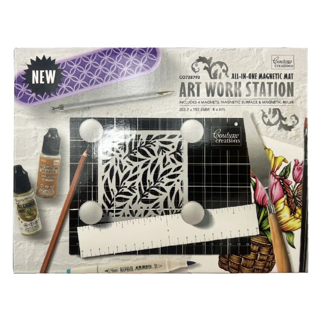 Art Work Station with magnetic mat, stencils, and art supplies on a white background