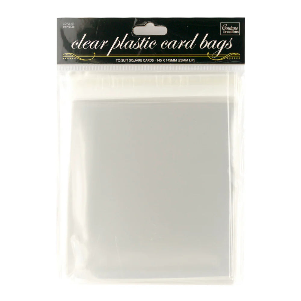 Clear self-sealing OPP bag with peel-and-seal strip for protecting 145mm square handmade cards