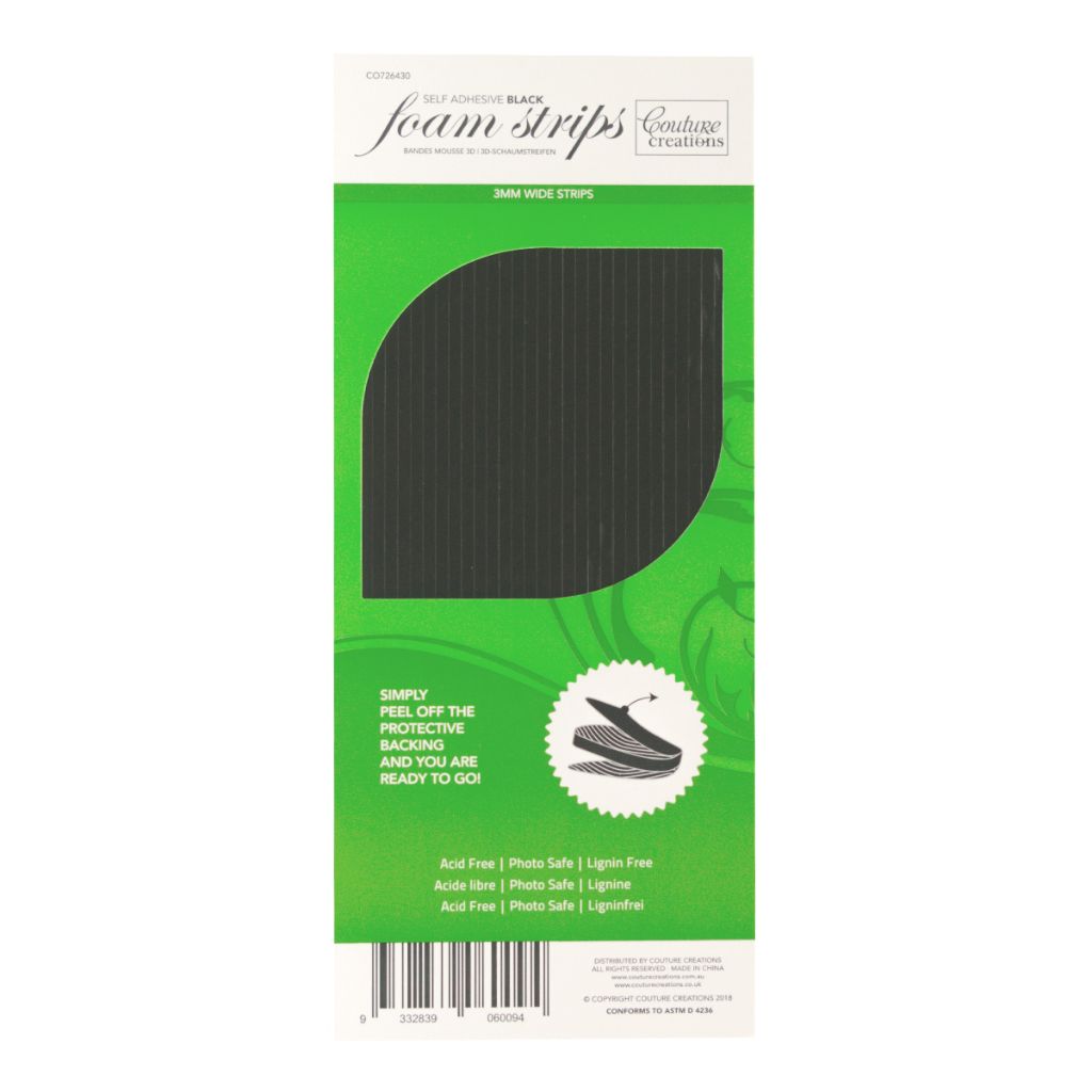 Green packaging of foam strips with black foam strip on a white background