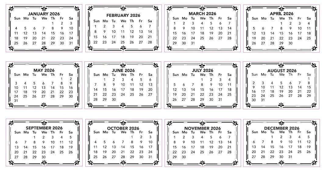 All 12 months of 2026 calendar tabs from Couture Creations showing decorative borders and complete monthly grids