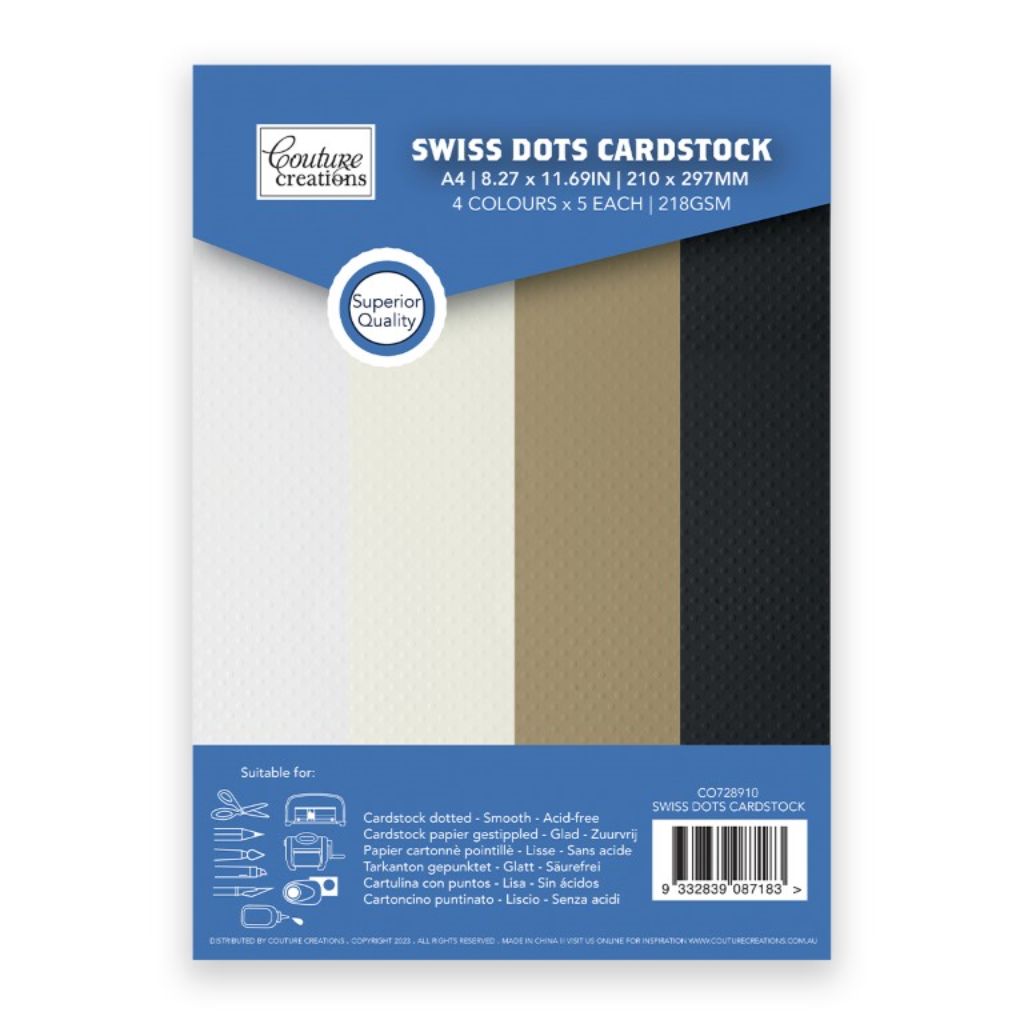 Packaging of Swiss Dots Cardstock with visible colours and dimensions. A4, 4 colours - white, cream, kraft and black. 