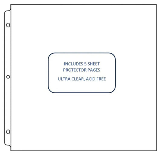 Sheet protector with text indicating 5 sheet protector pages, ultra clear, acid free.